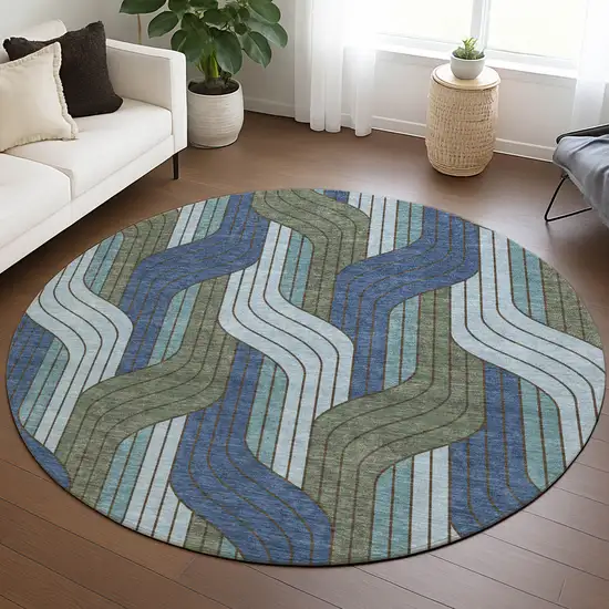 8' Navy Blue Sky Blue And Artichoke Green Round Striped Washable Indoor Outdoor Area Rug Photo 5