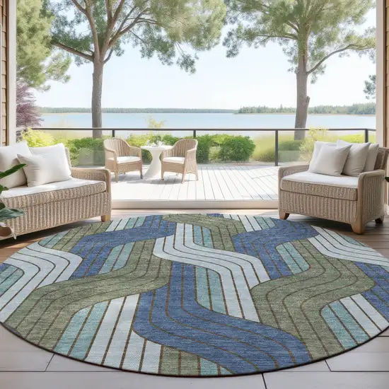 8' Navy Blue Sky Blue And Artichoke Green Round Striped Washable Indoor Outdoor Area Rug Photo 4