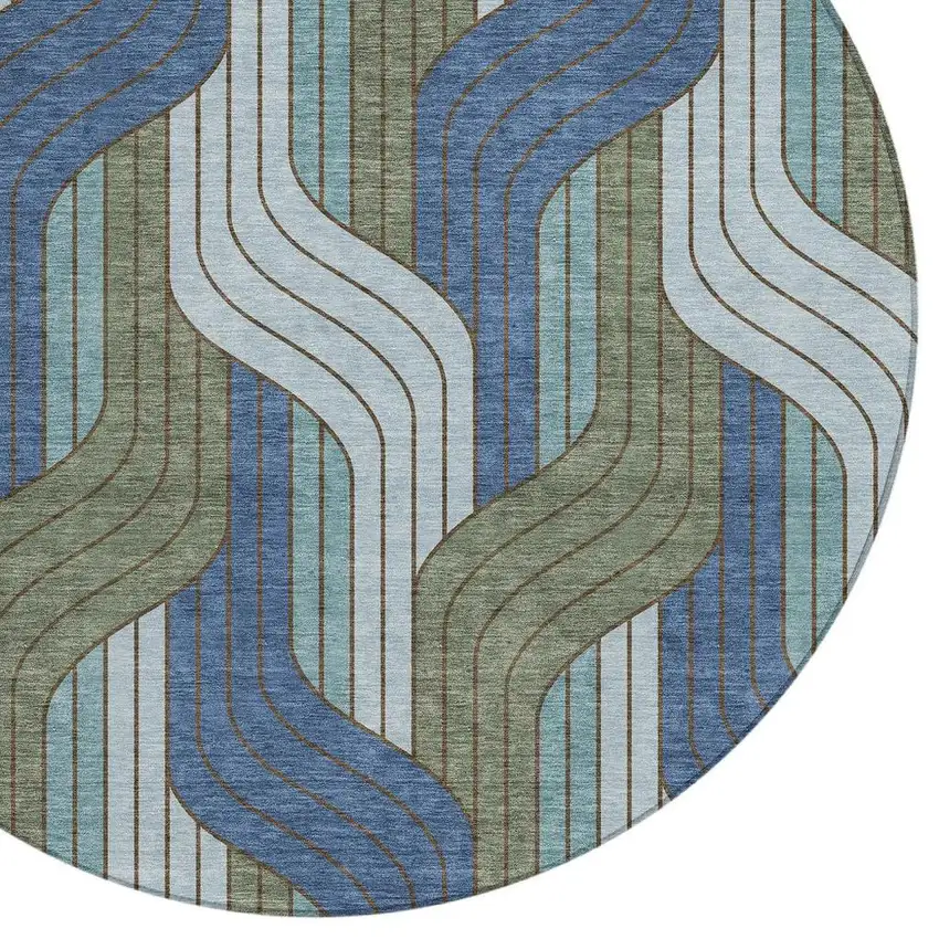 8' Navy Blue Sky Blue And Artichoke Green Round Striped Washable Indoor Outdoor Area Rug Photo 2