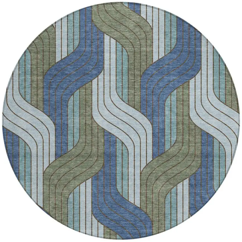 8' Navy Blue Sky Blue And Artichoke Green Round Striped Washable Indoor Outdoor Area Rug Photo 3