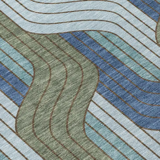 8' Navy Blue Sky Blue And Artichoke Green Round Striped Washable Indoor Outdoor Area Rug Photo 9