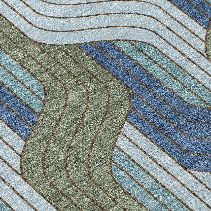 8' Navy Blue Sky Blue And Artichoke Green Round Striped Washable Indoor Outdoor Area Rug Photo 9