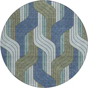 Photo of 8' Navy Blue Sky Blue And Artichoke Green Round Striped Washable Indoor Outdoor Area Rug