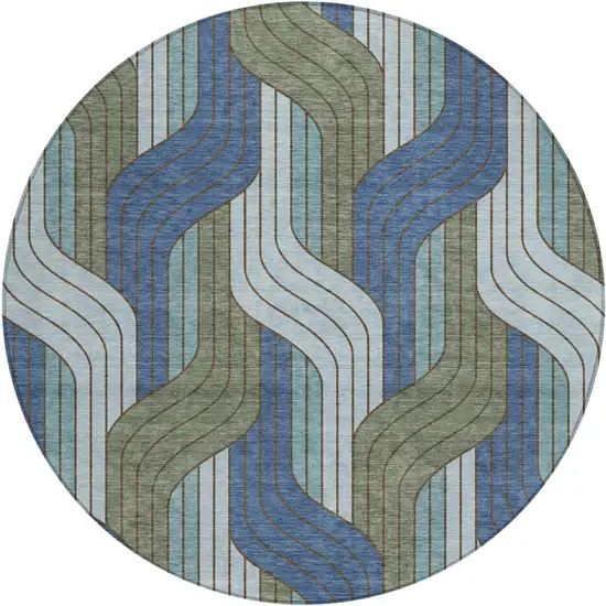 8' Navy Blue Sky Blue And Artichoke Green Round Striped Washable Indoor Outdoor Area Rug Photo 1