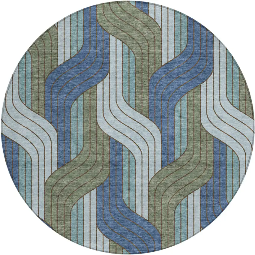 8' Navy Blue Sky Blue And Artichoke Green Round Striped Washable Indoor Outdoor Area Rug Photo 1
