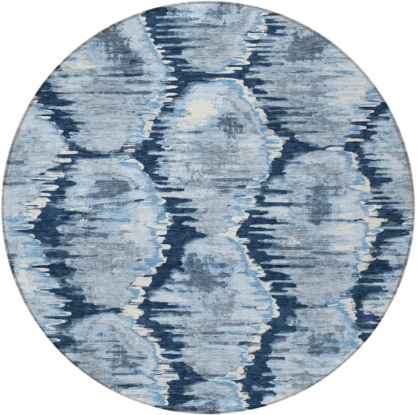 8' Navy Blue Sky Blue And Ivory Round Abstract Washable Indoor Outdoor Area Rug Photo 6