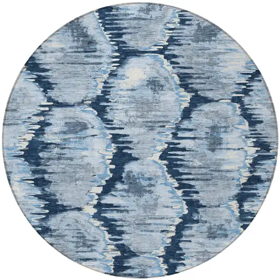 8' Navy Blue Sky Blue And Ivory Round Abstract Washable Indoor Outdoor Area Rug Photo 6