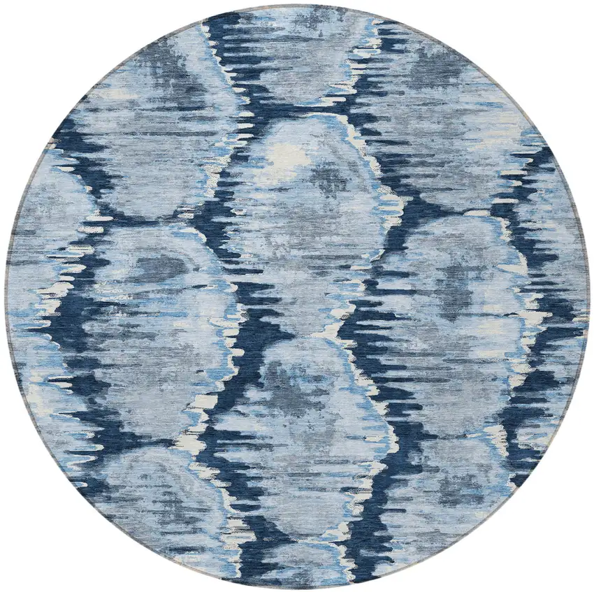 8' Navy Blue Sky Blue And Ivory Round Abstract Washable Indoor Outdoor Area Rug Photo 6