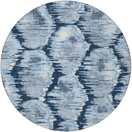 8' Navy Blue Sky Blue And Ivory Round Abstract Washable Indoor Outdoor Area Rug Photo 6