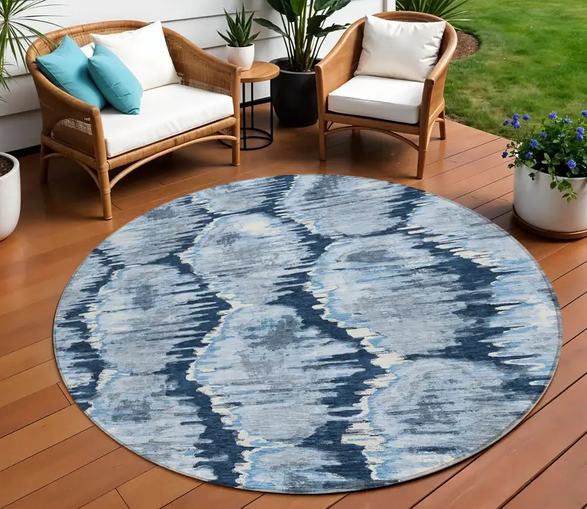 8' Navy Blue Sky Blue And Ivory Round Abstract Washable Indoor Outdoor Area Rug Photo 1