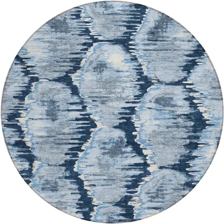 8' Navy Blue Sky Blue And Ivory Round Abstract Washable Indoor Outdoor Area Rug Photo 2