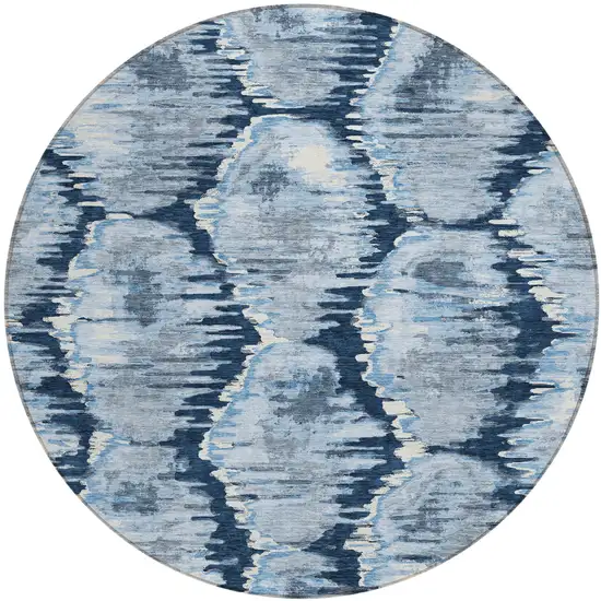 8' Navy Blue Sky Blue And Ivory Round Abstract Washable Indoor Outdoor Area Rug Photo 2