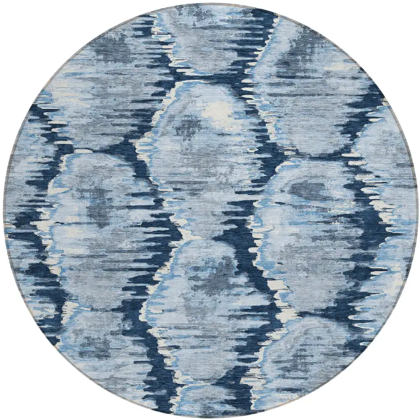 8' Navy Blue Sky Blue And Ivory Round Abstract Washable Indoor Outdoor Area Rug Photo 2