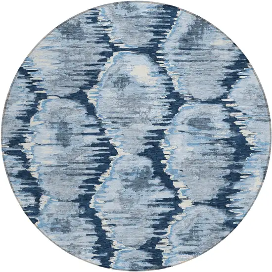 8' Navy Blue Sky Blue And Ivory Round Abstract Washable Indoor Outdoor Area Rug Photo 2