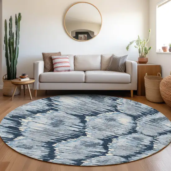 8' Navy Blue Sky Blue And Ivory Round Abstract Washable Indoor Outdoor Area Rug Photo 8
