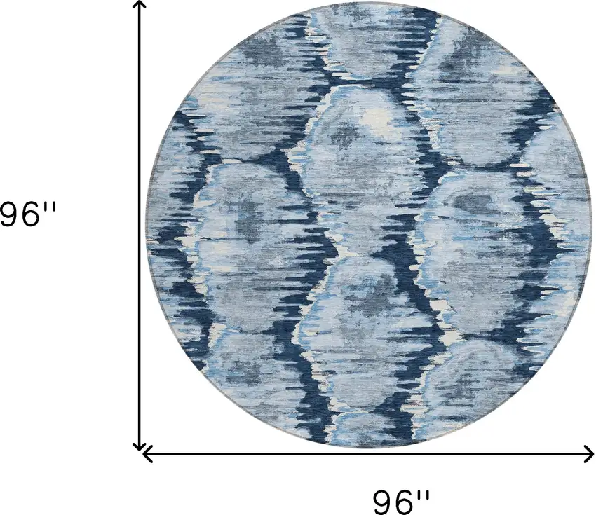 8' Navy Blue Sky Blue And Ivory Round Abstract Washable Indoor Outdoor Area Rug Photo 9