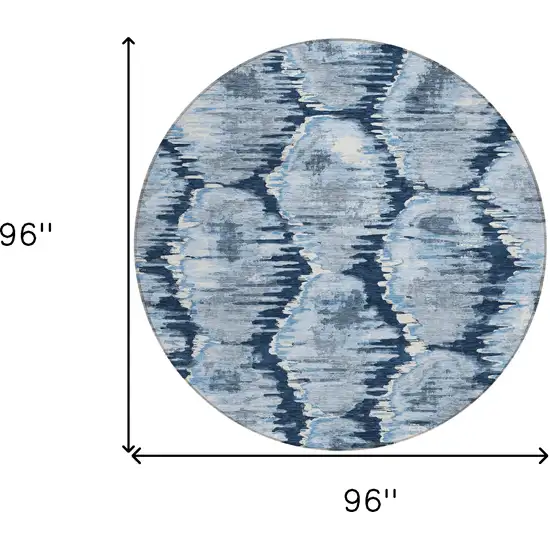 8' Navy Blue Sky Blue And Ivory Round Abstract Washable Indoor Outdoor Area Rug Photo 9