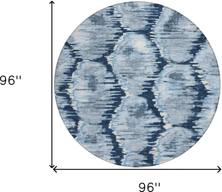 8' Navy Blue Sky Blue And Ivory Round Abstract Washable Indoor Outdoor Area Rug Photo 9