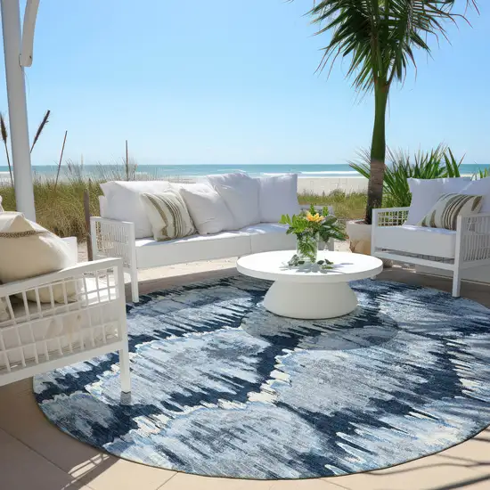 8' Navy Blue Sky Blue And Ivory Round Abstract Washable Indoor Outdoor Area Rug Photo 7