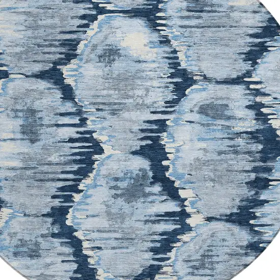 8' Navy Blue Sky Blue And Ivory Round Abstract Washable Indoor Outdoor Area Rug Photo 5