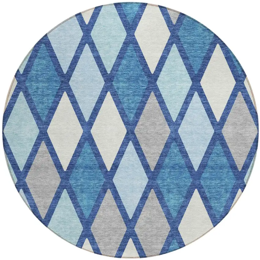 8' Navy Blue Sky Blue And Ivory Round Geometric Washable Indoor Outdoor Area Rug Photo 5