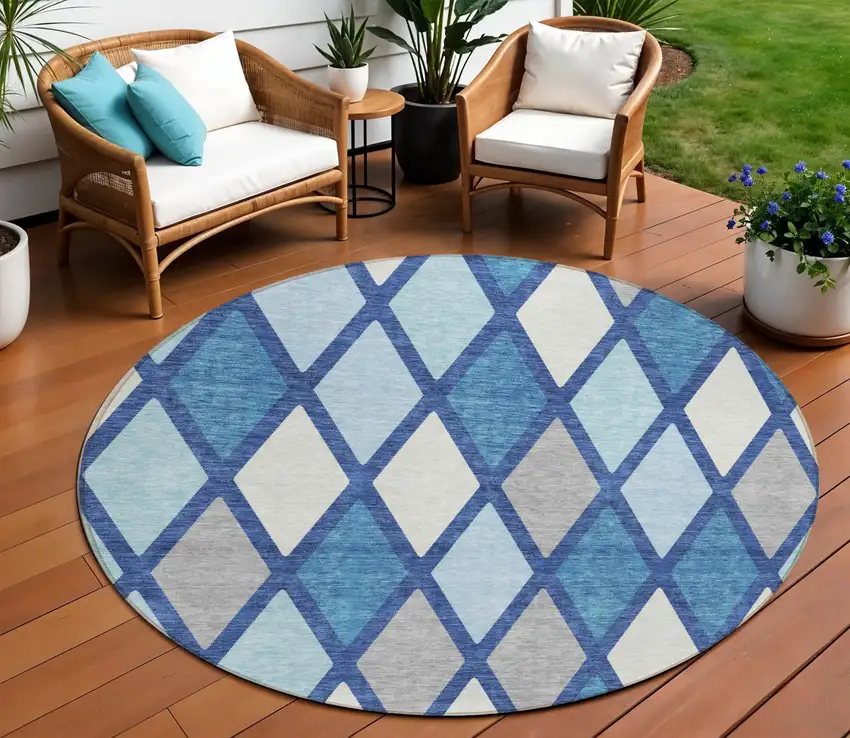 8' Navy Blue Sky Blue And Ivory Round Geometric Washable Indoor Outdoor Area Rug Photo 1