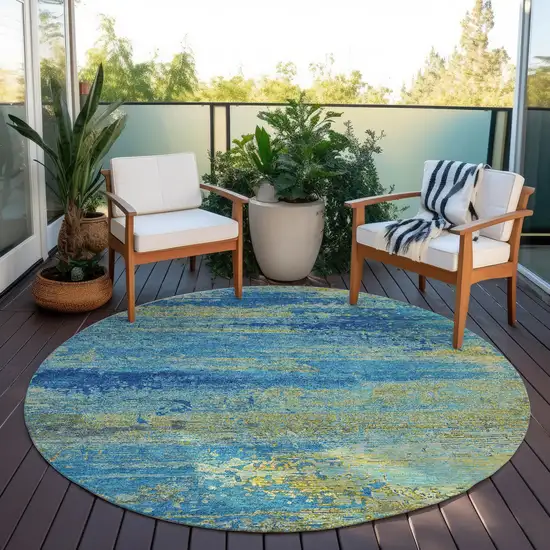 8' Navy Blue Sky Blue And Olive Green Round Abstract Washable Indoor Outdoor Area Rug Photo 5
