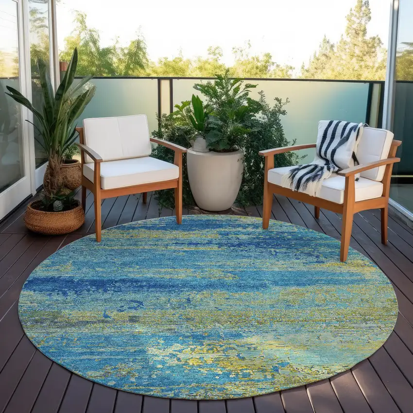8' Navy Blue Sky Blue And Olive Green Round Abstract Washable Indoor Outdoor Area Rug Photo 5