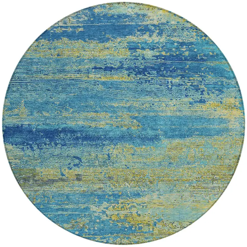 8' Navy Blue Sky Blue And Olive Green Round Abstract Washable Indoor Outdoor Area Rug Photo 3