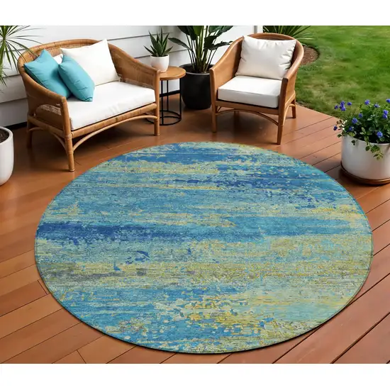 8' Navy Blue Sky Blue And Olive Green Round Abstract Washable Indoor Outdoor Area Rug Photo 2