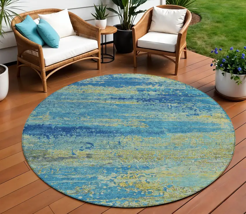 8' Navy Blue Sky Blue And Olive Green Round Abstract Washable Indoor Outdoor Area Rug Photo 2