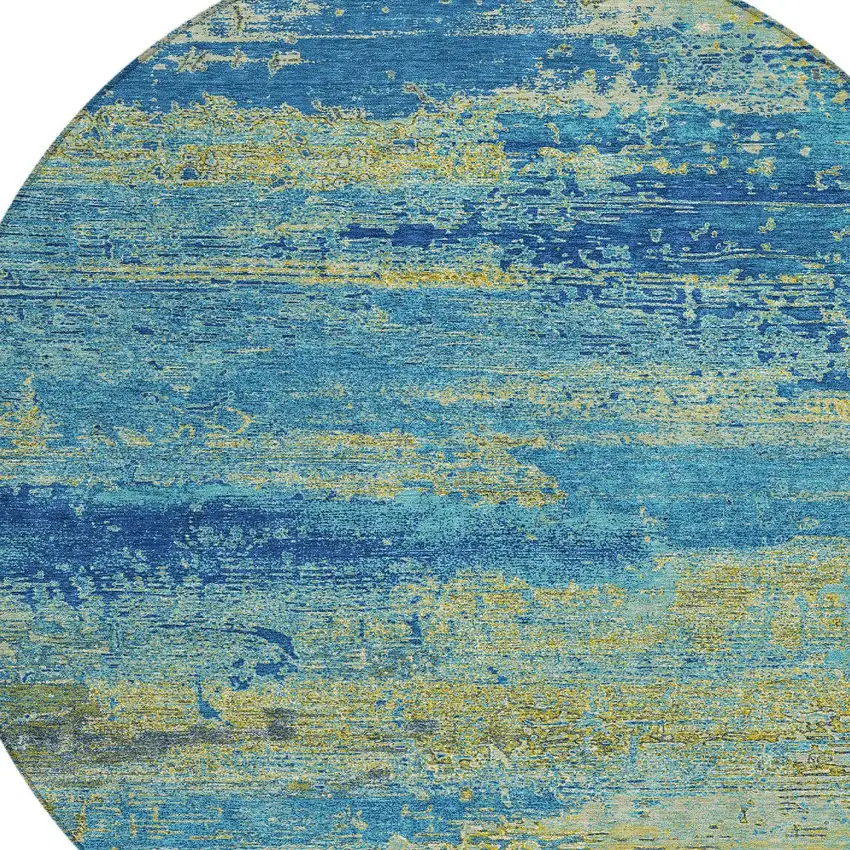 8' Navy Blue Sky Blue And Olive Green Round Abstract Washable Indoor Outdoor Area Rug Photo 8