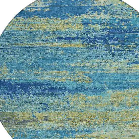 8' Navy Blue Sky Blue And Olive Green Round Abstract Washable Indoor Outdoor Area Rug Photo 8