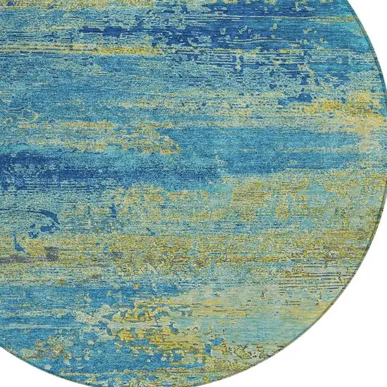 8' Navy Blue Sky Blue And Olive Green Round Abstract Washable Indoor Outdoor Area Rug Photo 4