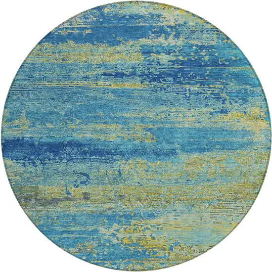 8' Navy Blue Sky Blue And Olive Green Round Abstract Washable Indoor Outdoor Area Rug Photo 1