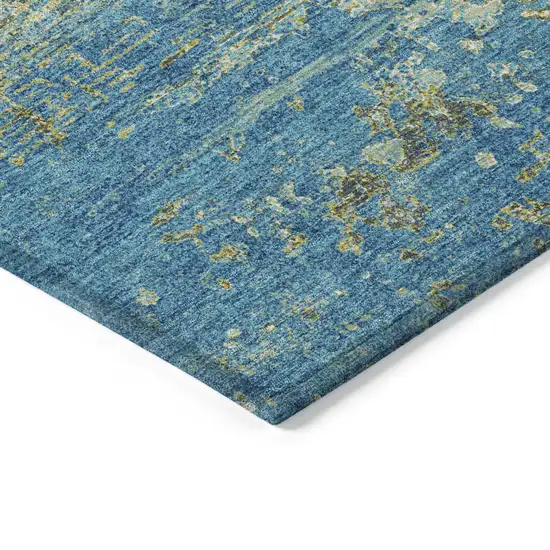 8' Navy Blue Sky Blue And Olive Green Round Abstract Washable Indoor Outdoor Area Rug Photo 7