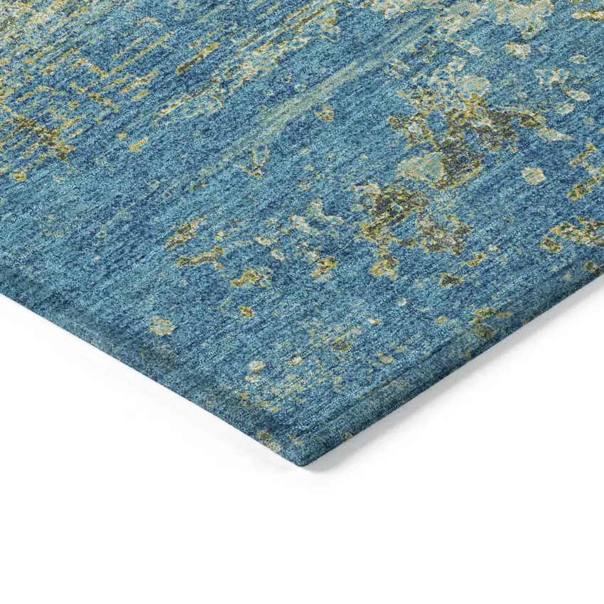 8' Navy Blue Sky Blue And Olive Green Round Abstract Washable Indoor Outdoor Area Rug Photo 7