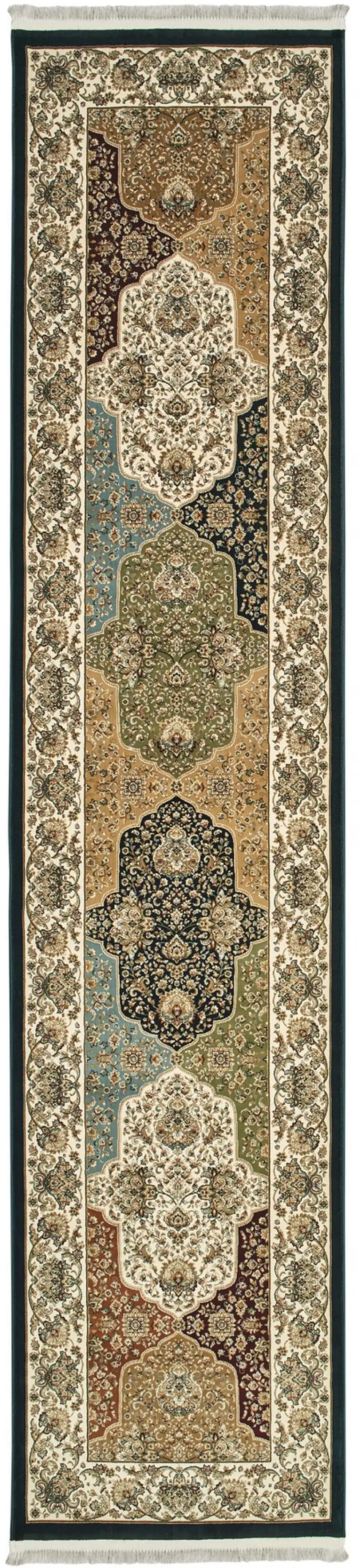 10' Navy Blue Tan And Ivory Oriental Runner Rug With Fringe Photo 2