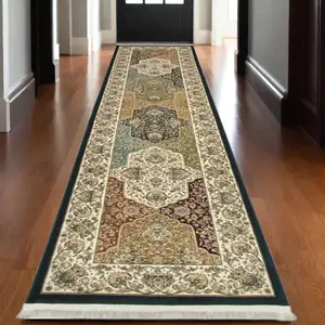 Photo of 10' Navy Blue Tan And Ivory Oriental Runner Rug With Fringe
