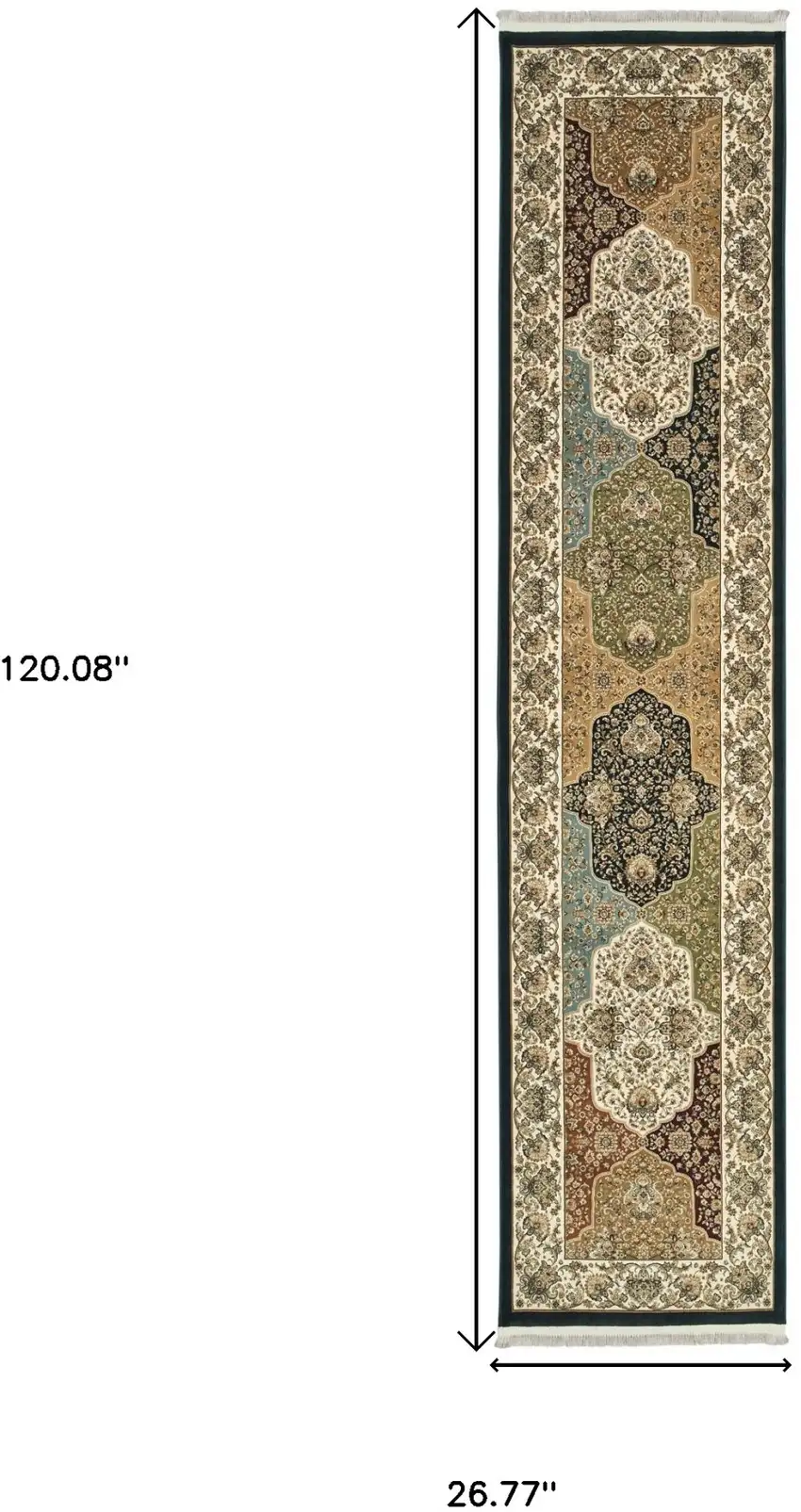 10' Navy Blue Tan And Ivory Oriental Runner Rug With Fringe Photo 3