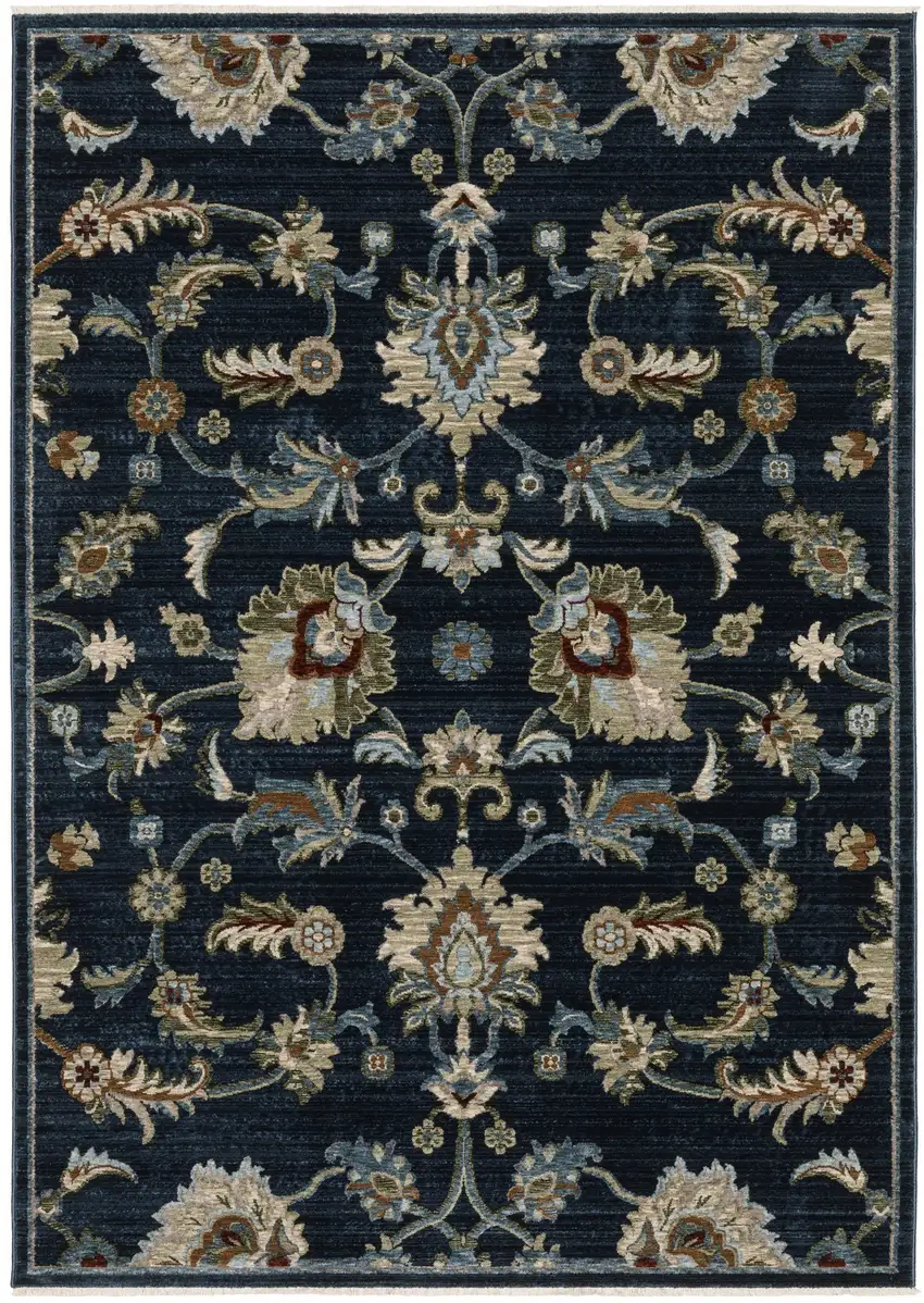 8' Navy Blue Tan And Teal Oriental Runner Rug With Fringe Photo 4