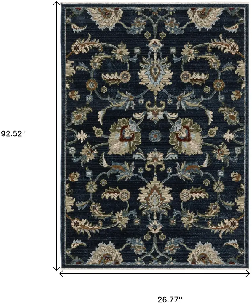 8' Navy Blue Tan And Teal Oriental Runner Rug With Fringe Photo 3