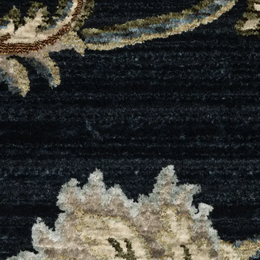 8' Navy Blue Tan And Teal Oriental Runner Rug With Fringe Photo 9