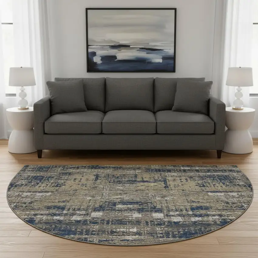 8' Navy Blue Taupe And Beige Geometric Washable Round Rug With UV Protection Photo 2