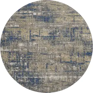 Photo of 8' Navy Blue Taupe And Beige Geometric Washable Round Rug With UV Protection