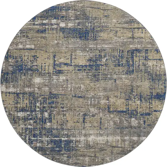 8' Navy Blue Taupe And Beige Geometric Washable Round Rug With UV Protection Photo 1