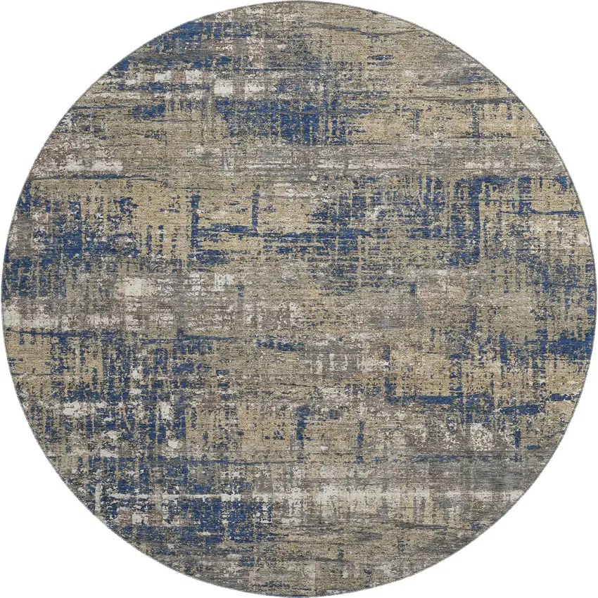 8' Navy Blue Taupe And Beige Geometric Washable Round Rug With UV Protection Photo 1