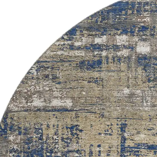 8' Navy Blue Taupe And Beige Geometric Washable Round Rug With UV Protection Photo 3