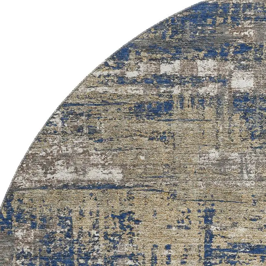 8' Navy Blue Taupe And Beige Geometric Washable Round Rug With UV Protection Photo 3