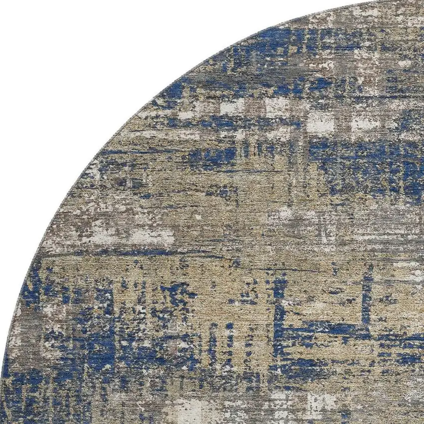 8' Navy Blue Taupe And Beige Geometric Washable Round Rug With UV Protection Photo 4